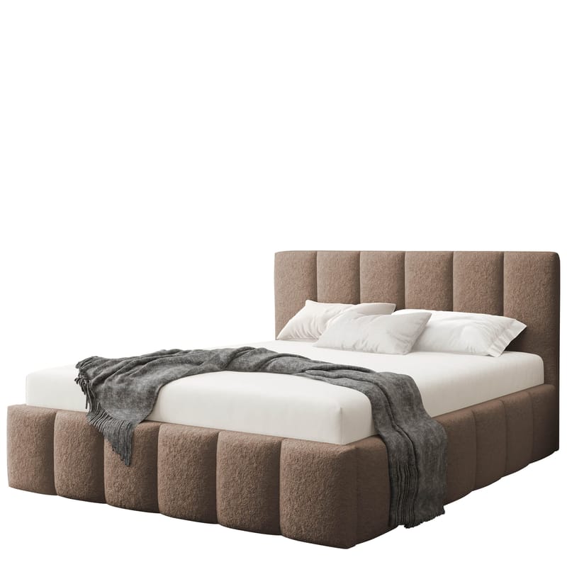 Vinvik Sängram med Förvaring 160x200 cm i Bouclé med Trästativ, Ljusbeige