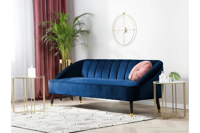 Alsvag 3-sits Kanalstoppad Sammetssoffa med Träben - Blå - Möbler - Soffa - 3 sits soffa