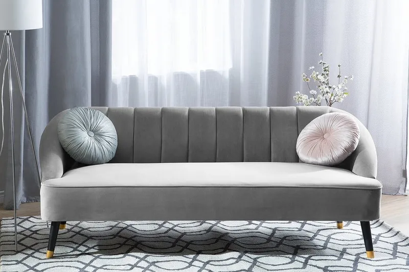 Alsvag 3-sits Kanalstoppad Sammetssoffa med Träben - Grå - Möbler - Soffa - 3 sits soffa
