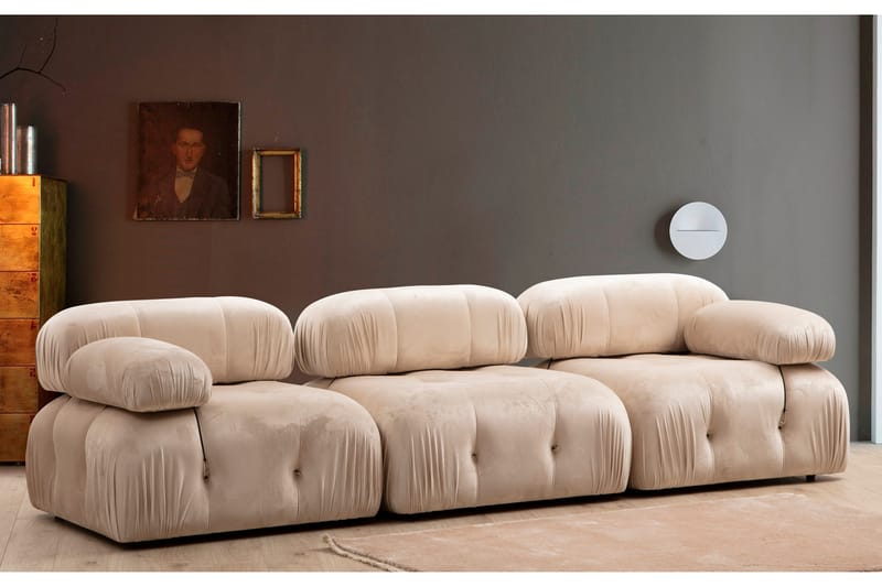 Belgin Bubblig Soffa 3-sits med fasta armstöd och repdetaljer - Beige - Möbler - Soffa - 3 sits soffa