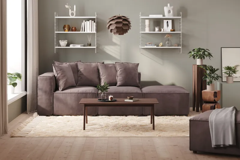 Cubo 3-sits Djup Modulsoffa + Fotpall i Sammet - Mörkgrå - Möbler - Soffa - Modulsoffor - Komplett modulsoffa