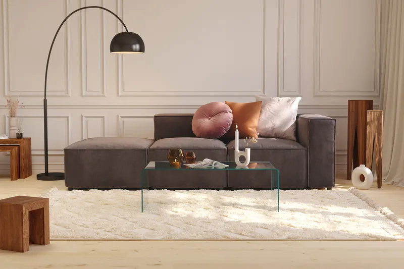 Cubo 3-sits Djup Modulsoffa + Fotpall i Sammet - Mörkgrå - Möbler - Soffa - 3 sits soffa