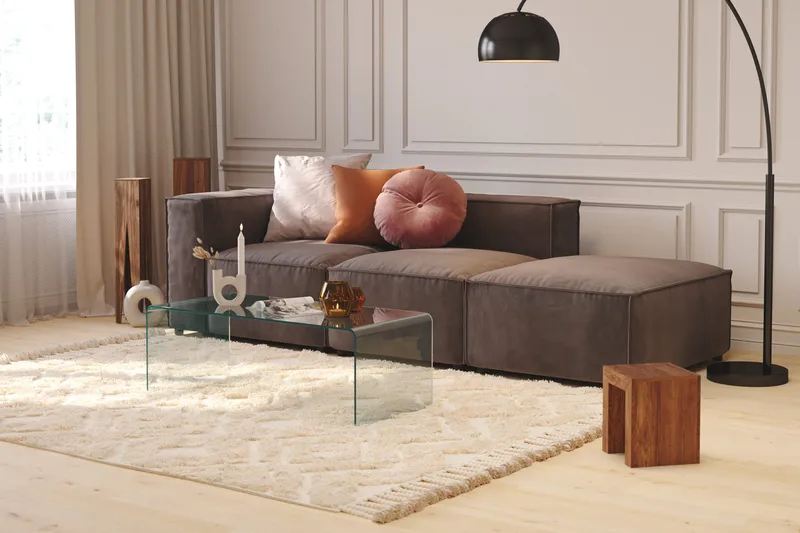 Cubo 3-sits Djup Modulsoffa + Fotpall i Sammet - Mörkgrå - Möbler - Soffa - Modulsoffor - Komplett modulsoffa