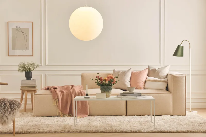 Cubo 3-sits Djup Modulsoffa + Fotpall i Tyg - Beige - Möbler - Soffa - Modulsoffor - Komplett modulsoffa