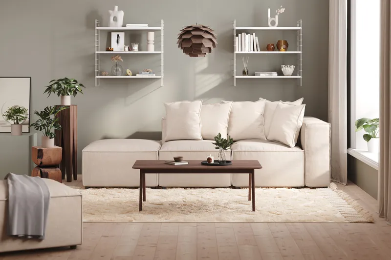 Cubo 3-sits Djup Modulsoffa + Fotpall i Tyg - Beige - Möbler - Soffa - Modulsoffor - Komplett modulsoffa