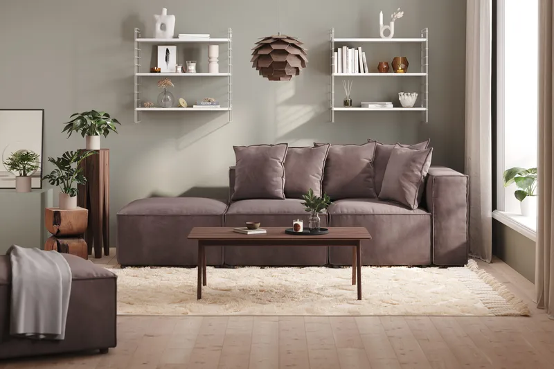 Cubo 3-sits Djup Modulsoffa + Fotpall i Sammet - Mörkgrå - Möbler - Soffa - Modulsoffor - Komplett modulsoffa