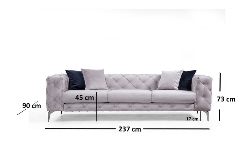 Mezonzo 3-sits Knappdjuphäftad Chesterfield Soffa 237 cm i Sammet - Grå - Möbler - Soffa - 3 sits soffa