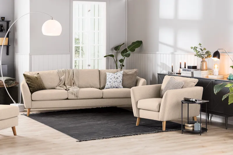 Trend 3-sits Soffa 218 cm med Svängda Armstöd i Tyg - Beige - Möbler - Soffa - 3 sits soffa
