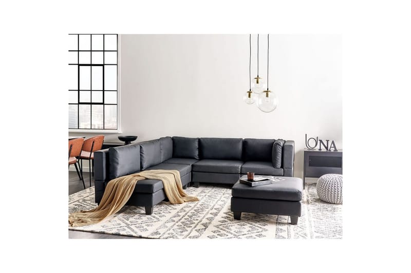 5-sits Hörnsoffa med fotpall Unstad Svart, Högervänd, Konstläder - Svart, Högervänd, Konstläder - Möbler - Soffa - Soffgrupp