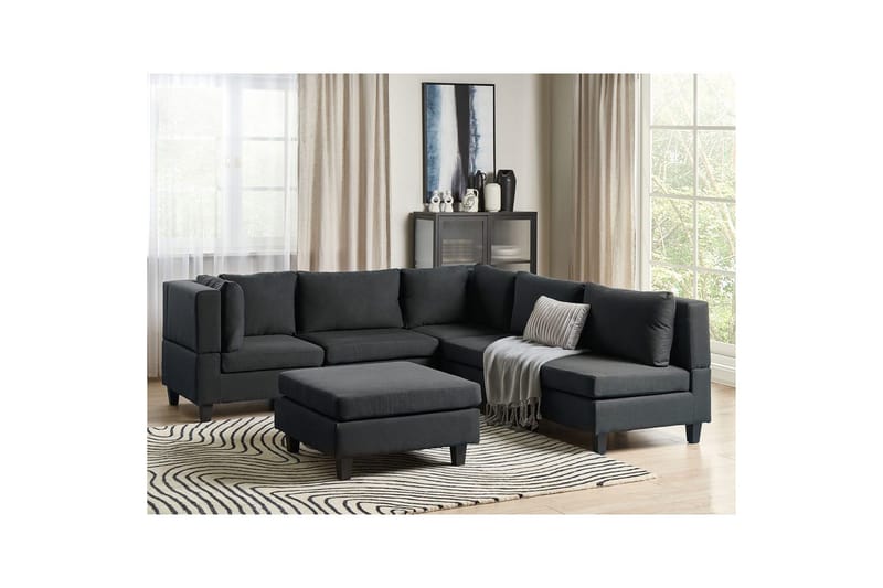 5-sits Hörnsoffa med fotpall Unstad Svart, Högervänd, Polyester - Svart, Högervänd, Polyester - Möbler - Soffa - Modulsoffor - Komplett modulsoffa