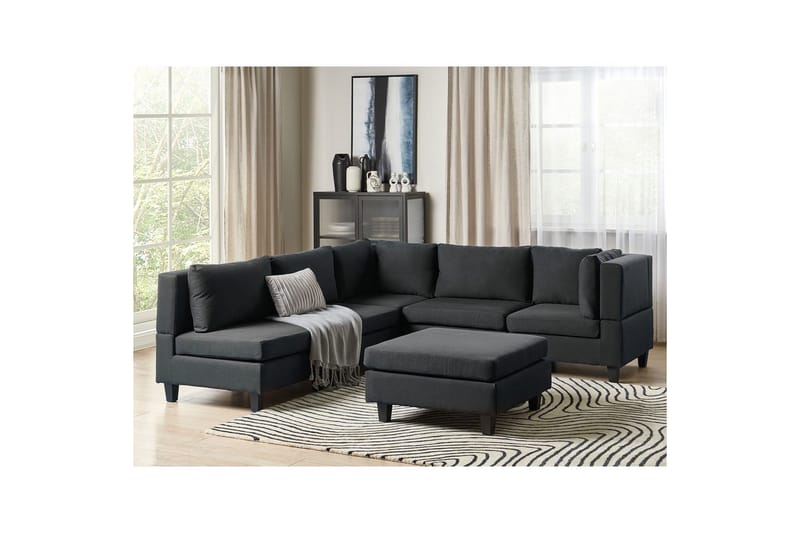 5-sits Hörnsoffa med fotpall Unstad Svart/svart, Vänstervänd, Polyester - Svart/svart, Vänstervänd, Polyester - Möbler - Soffa - Soffgrupp
