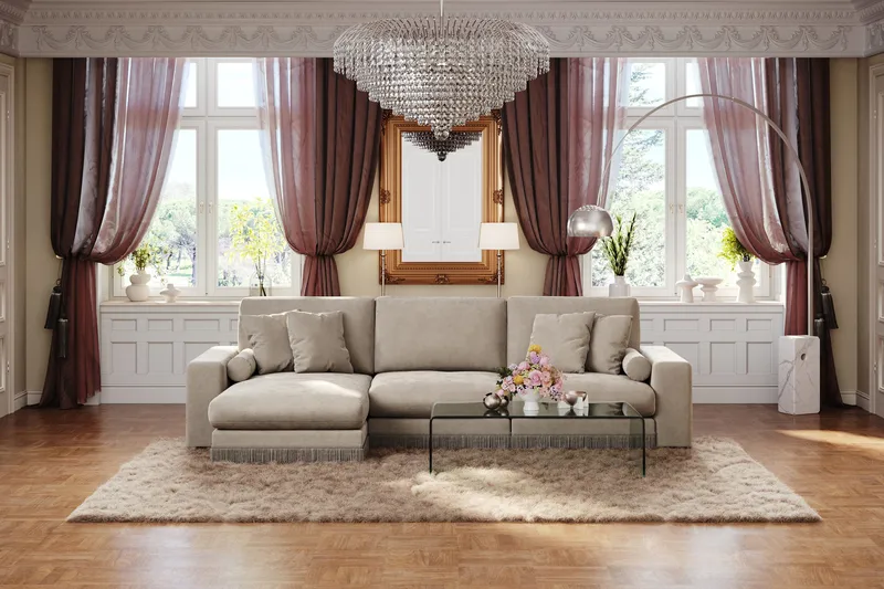 Arken Lyx 5-sits Vändbar L-formad Djup Divansoffa i Sammet - Beige - Möbler - Soffa - Divansoffor & schäslongsoffa