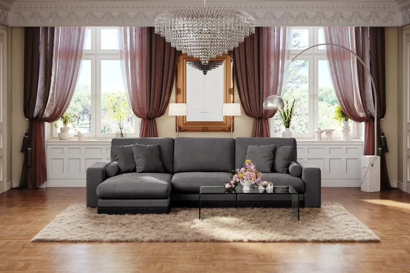 Arken Lyx 5-sits Vändbar L-formad Djup Divansoffa i Sammet - Mörkgrå - Möbler - Soffa - Divansoffor & schäslongsoffa