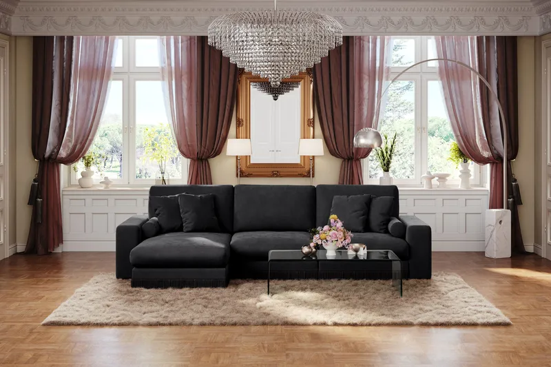 Arken Lyx 5-sits Vändbar L-formad Djup Divansoffa i Sammet - Svart - Möbler - Soffa - Divansoffor & schäslongsoffa