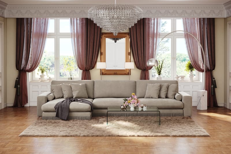 Arken Lyx 6-sits Vändbar L-formad Djup Divansoffa i Sammet - Beige - Möbler - Soffa - Divansoffor & schäslongsoffa