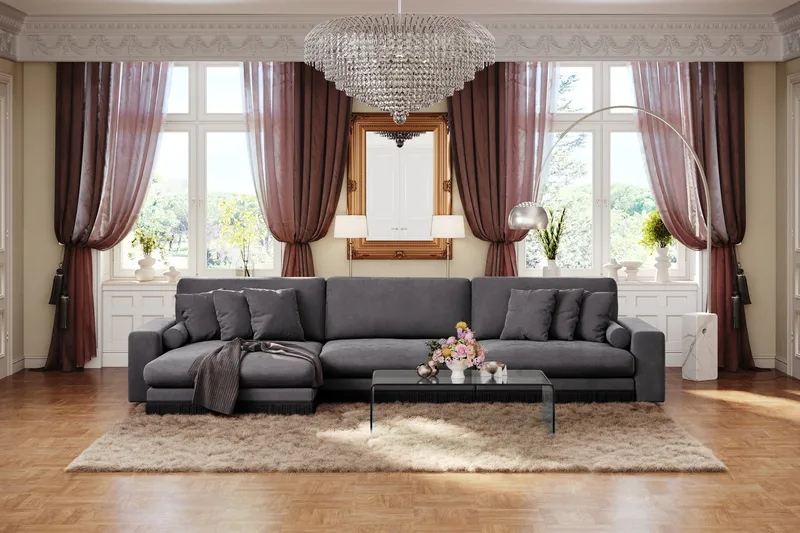 Arken Lyx 6-sits Vändbar L-formad Djup Divansoffa i Sammet - Mörkgrå - Möbler - Soffa - Divansoffor & schäslongsoffa