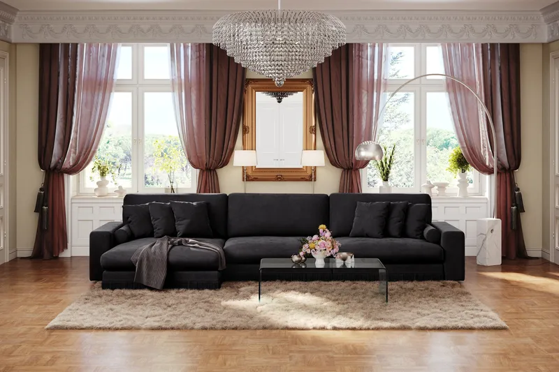 Arken Lyx 6-sits Vändbar L-formad Djup Divansoffa i Sammet - Svart - Möbler - Soffa - Divansoffor & schäslongsoffa