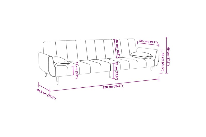 Bäddsoffa 2-sits med två kuddar ljusgrå sammet - Ljusgrå - Bäddsoffa