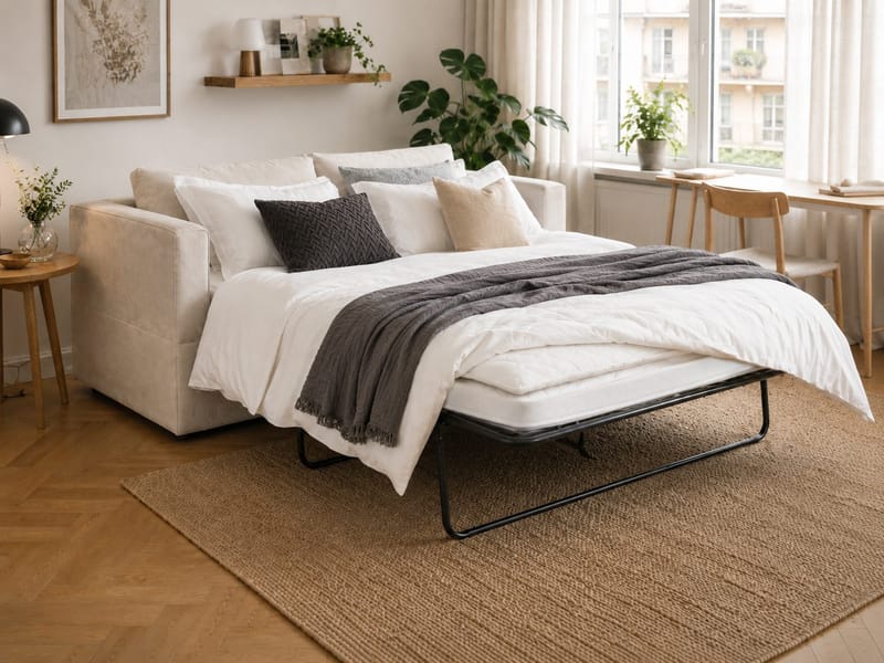 Travstad 3-sits Bäddsoffa med HVILA Bäddmadrass 140x200 cm Latex med Tvättbar klädsel - Beige - Möbler - Soffa - Bäddsoffa - Bäddsoffa 3 sits