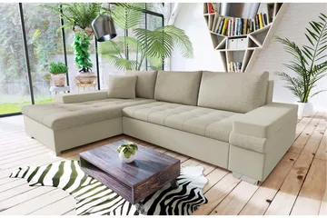3-sits Vänster L-formad Bäddsoffa med Divan och Förvaring i Sammet - Beige - Möbler - Soffa - Bäddsoffa