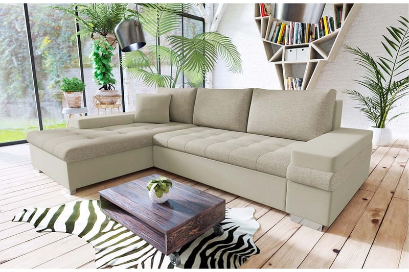 3-sits Vänster L-formad Bäddsoffa med Divan och Förvaring i Sammet - Beige - Möbler - Soffa - Bäddsoffa