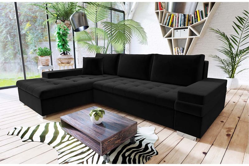 3-sits Vänster L-formad Bäddsoffa med Divan och Förvaring i Tyg - Svart - Möbler - Soffa - Bäddsoffa