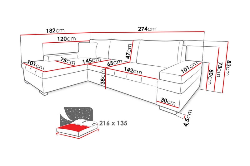 3-sits Vänster L-formad Bäddsoffa med Divan och Förvaring i Tyg - Svart - Möbler - Soffa - Bäddsoffa
