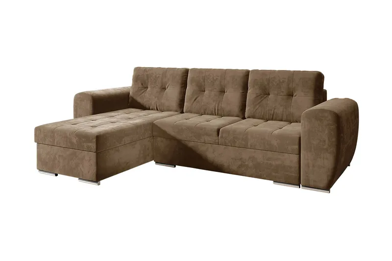 3-sits Vänster L-formad Knappsydd Bäddsoffa med Divan och Förvaring i Tyg, Brun