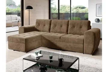 3-sits Vänster L-formad Knappsydd Bäddsoffa med Divan och Förvaring i Tyg - Brun - Möbler - Soffa - Bäddsoffa