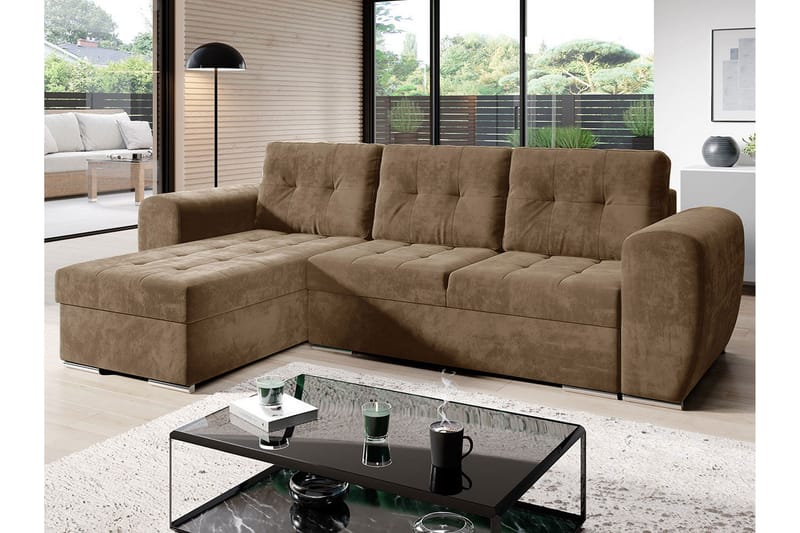 3-sits Vänster L-formad Knappsydd Bäddsoffa med Divan och Förvaring i Tyg - Brun - Möbler - Soffa - Bäddsoffa