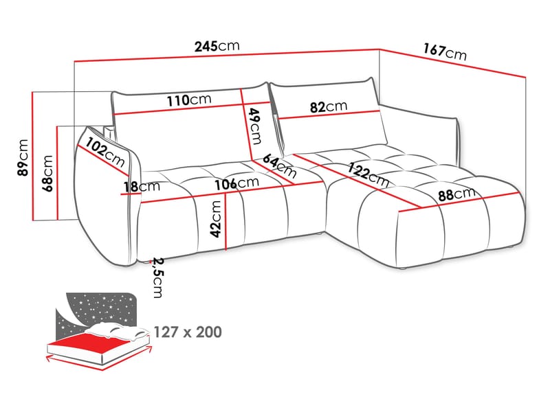 Aldvian 3-sits Bäddsoffa med divan - grå - Möbler - Soffa - Bäddsoffa