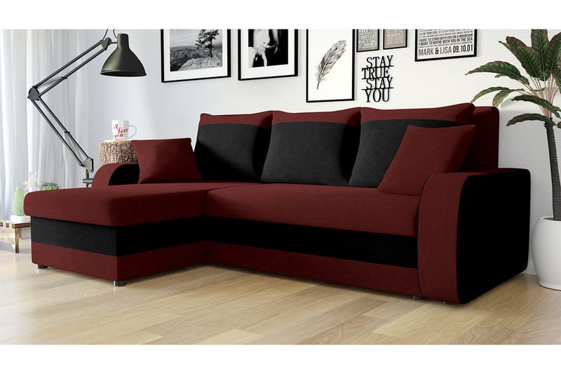 Alvared 3-sits Hörnbäddsoffa Universal - Röd/Svart - Bäddsoffa - Bäddsoffa divan - Sammetssoffa