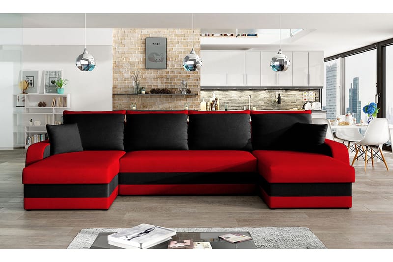 Alvared 4-sits Bäddsoffa med Dubbeldivan med Förvaring - Röd/Svart - Möbler - Soffa - Bäddsoffa