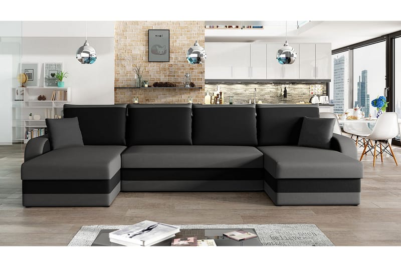 Alvared 4-sits Bäddsoffa med Dubbeldivan med Förvaring - Sammet/Grå/Svart - Möbler - Soffa - Bäddsoffa