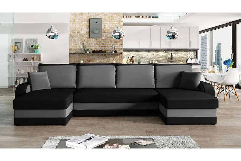 Alvared 4-sits Bäddsoffa med Dubbeldivan med Förvaring - Sammet/Svart/Grå - Möbler - Soffa - Bäddsoffa