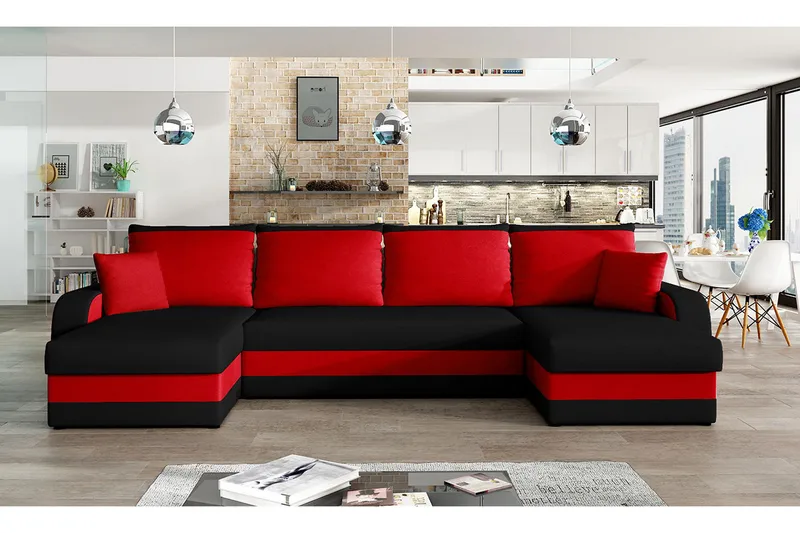 Alvared 4-sits Bäddsoffa med Dubbeldivan med Förvaring - Svart/Röd - Möbler - Soffa - Bäddsoffa