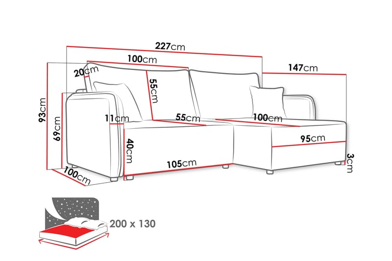 Chandru Bäddsoffa med Divan 3-sits - Grå - Möbler - Soffa - Bäddsoffa - Bäddsoffa divan
