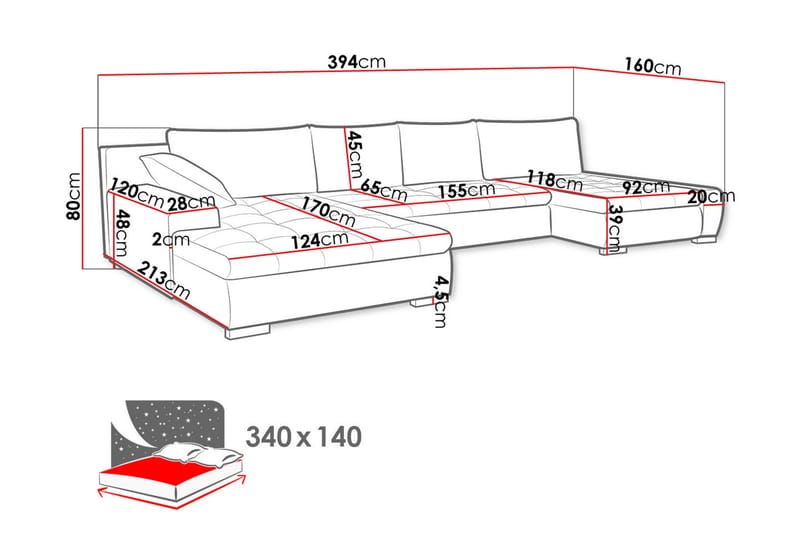 Cillo Bäddsoffa Dubbeldivan 4-sits 340x140 cm U-formad - Grå - Bäddsoffa - U bäddsoffa - Bäddsoffa divan