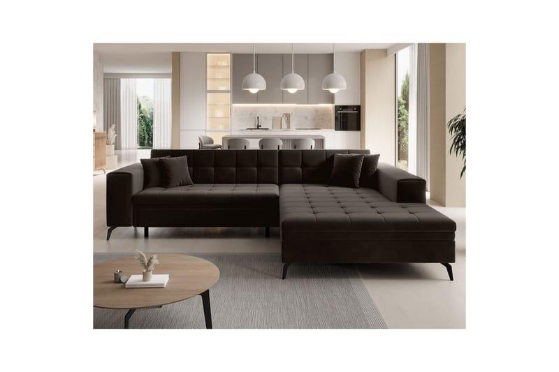 Hörnsoffa Eltap Solange 292x196x84 cm - Mat Velvet 29, Mörkbrun, Höger - Möbler - Soffa - Bäddsoffa - Bäddsoffa divan