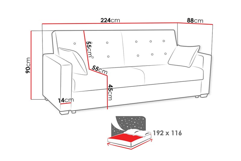 Bartek Bäddsoffa 224x88x90 cm - Blå - Bäddsoffa - Bäddsoffa 3 sits - Sammetssoffa