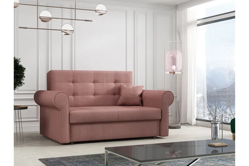 Bensbyn 2-sits Längsbäddad Rektangulär Bäddsoffa i Sammet med Rullarmstöd - Rosa - Möbler - Soffa - Bäddsoffa
