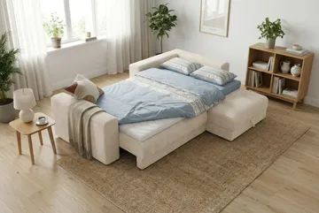 Bergen Extra djup 3-sits Bäddsoffa med Divan och Bäddmadrass i Memoryskum och Tvättbar klädsel - Beige - Möbler - Soffa - Bäddsoffa
