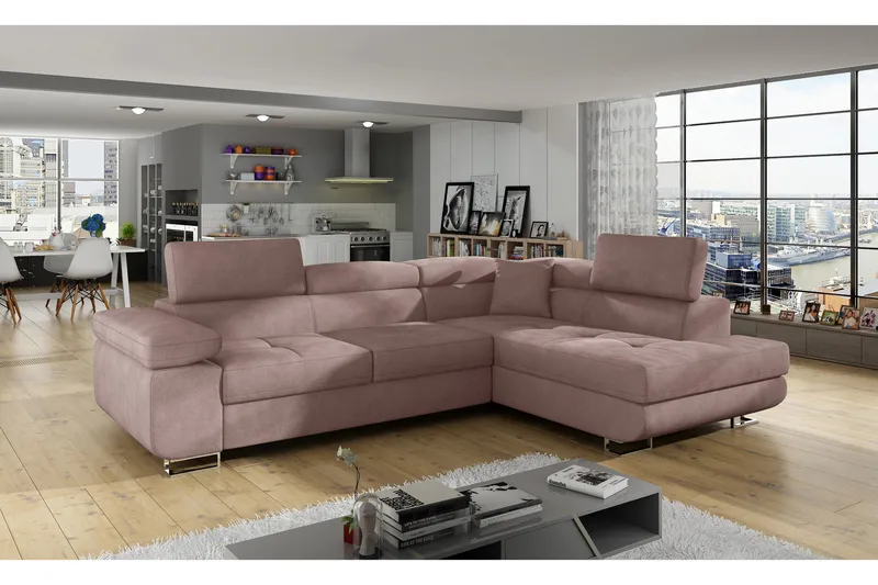 Bobis 3-sits Höger L-formad Hörnbäddsoffa med Schäslong i Plysch, Rosa