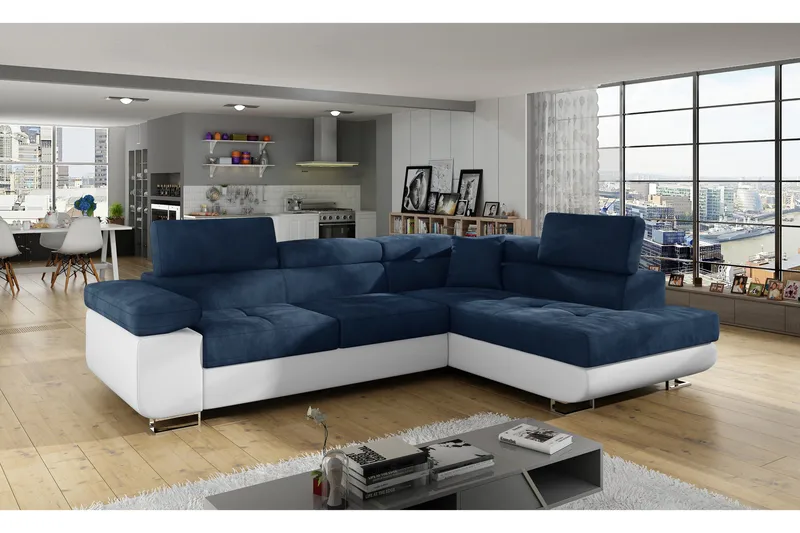 Bobis Bäddsoffa med Schäslong Höger, Blå/Vit