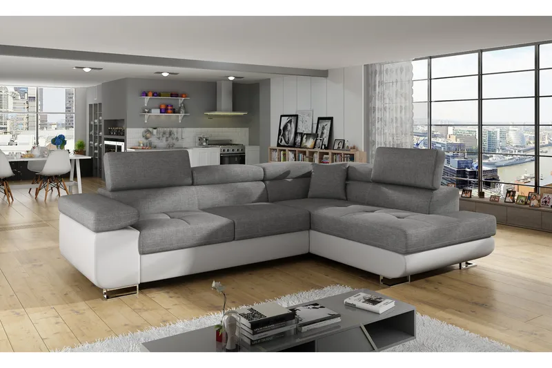 Bobis Bäddsoffa med Schäslong Höger, Grå/Vit