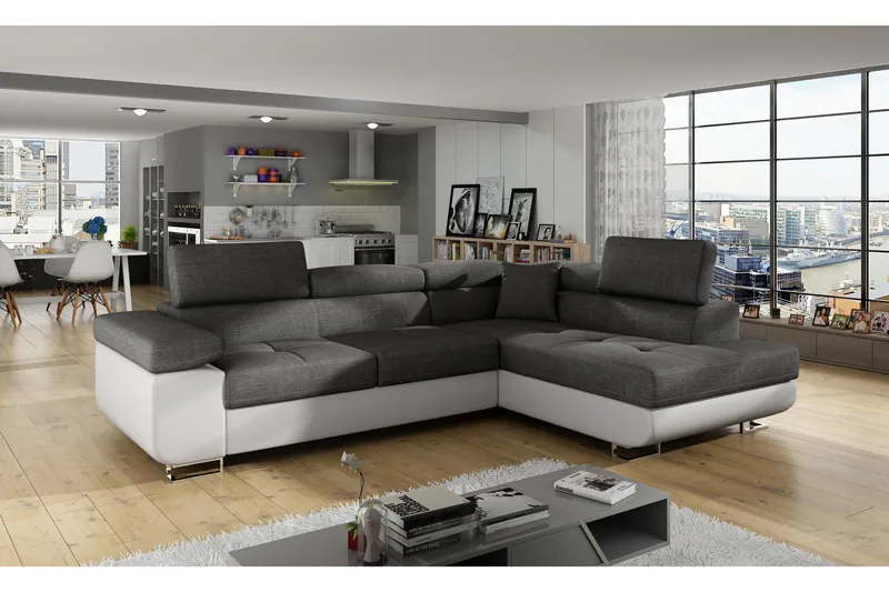 Bobis Bäddsoffa med Schäslong Höger, Grå/Vit