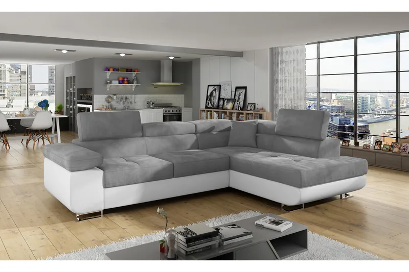 Bobis Bäddsoffa med Schäslong Höger, Grå/Vit