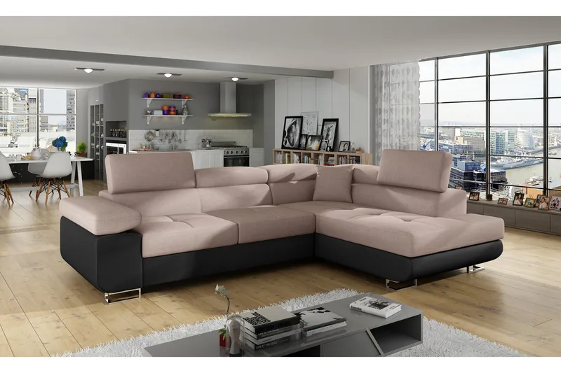 Bobis Bäddsoffa med Schäslong Höger, Rosa/Svart