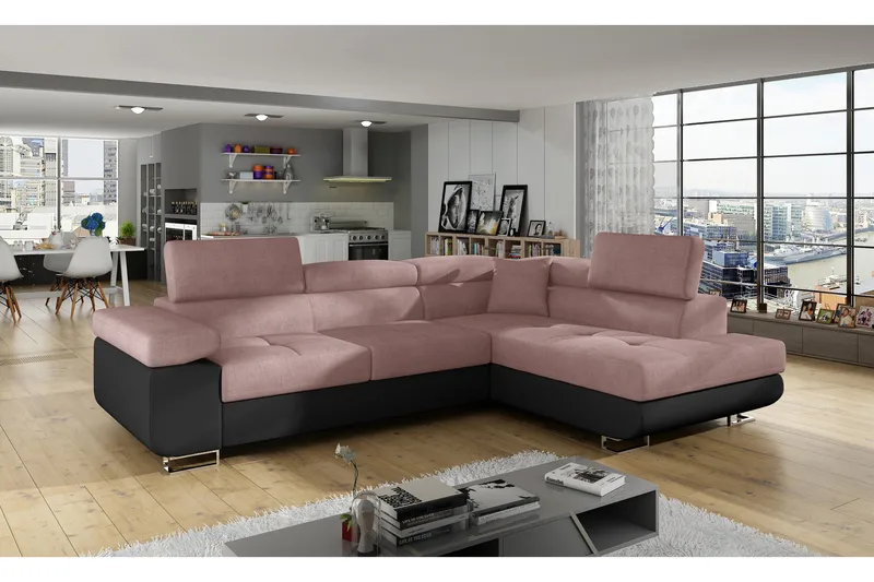 Bobis Bäddsoffa med Schäslong Höger, Rosa/Svart