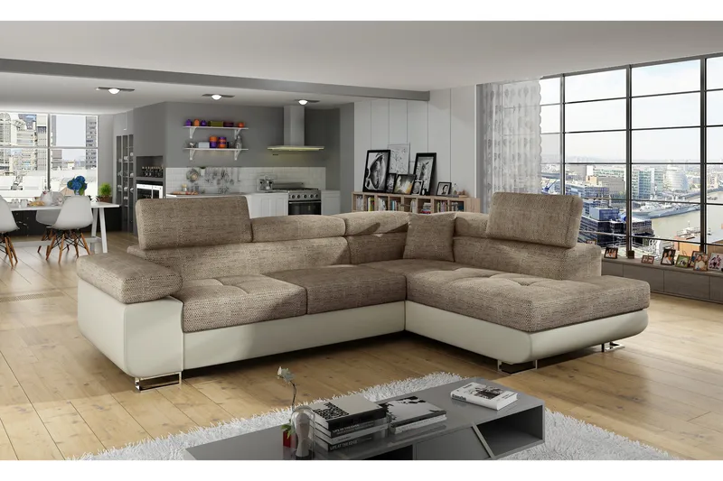 Bobis Högervänd L-formad Bäddsoffa 125x193 cm med Förvaring i Tyg, Beige